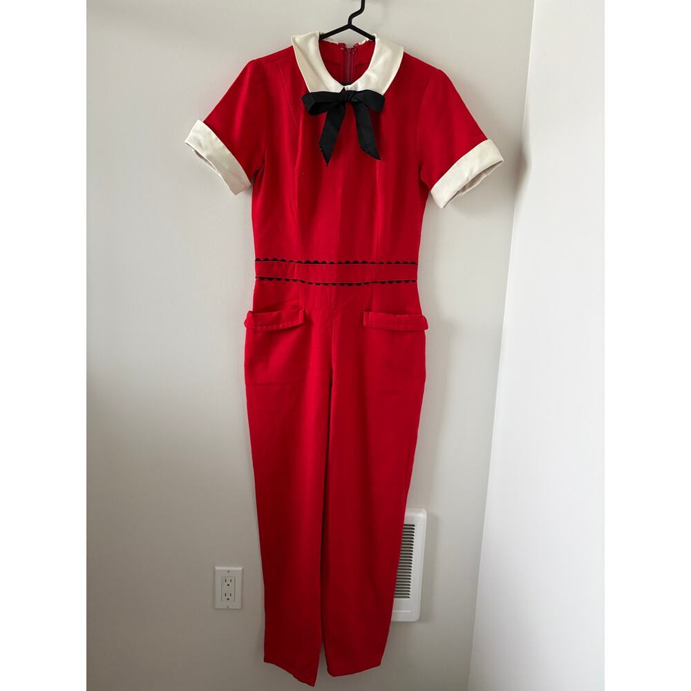 VTG 1960 Red Wool Hostess Jumpsuit Size S Peter Pan Collar Rick Rack - Picture 2 of 9